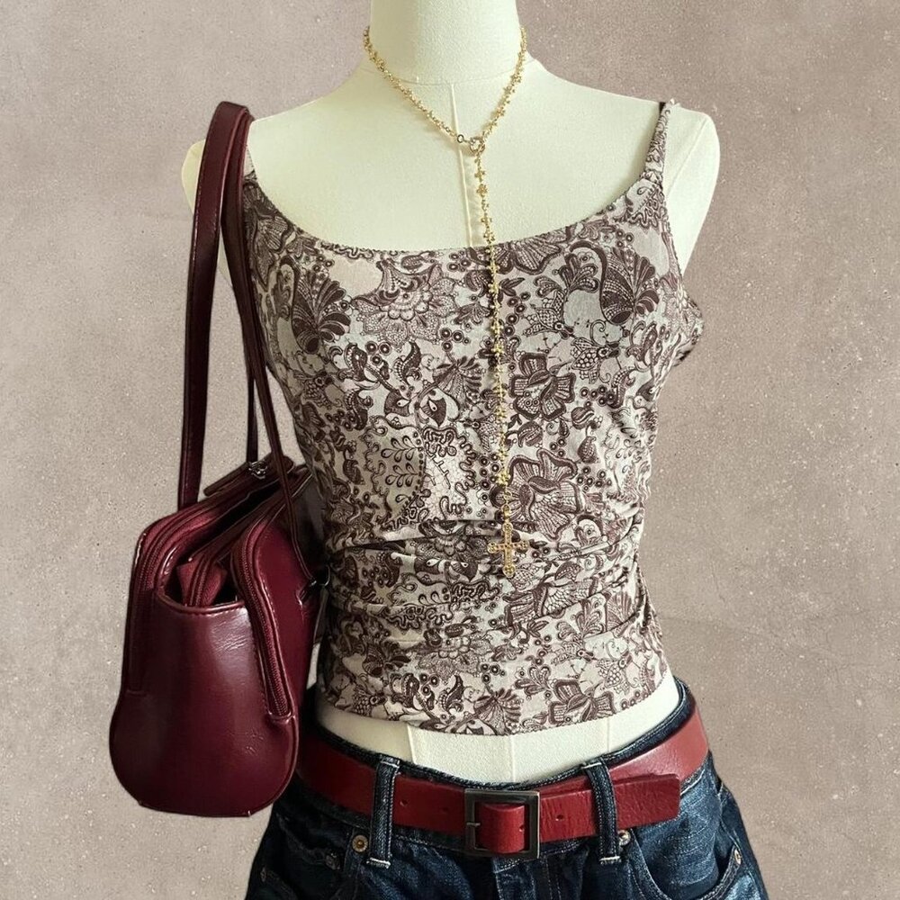Y2K/Vintage  Silky Modal Brown And Cream Floral Tank